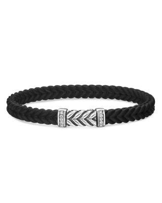 Men's Sterling Silver Chevron Diamond Woven Black Rubber Bracelet by DAVID YURMAN