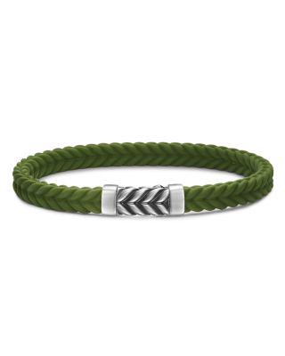 Men's Sterling Silver Chevron Woven Green Rubber Bracelet by DAVID YURMAN