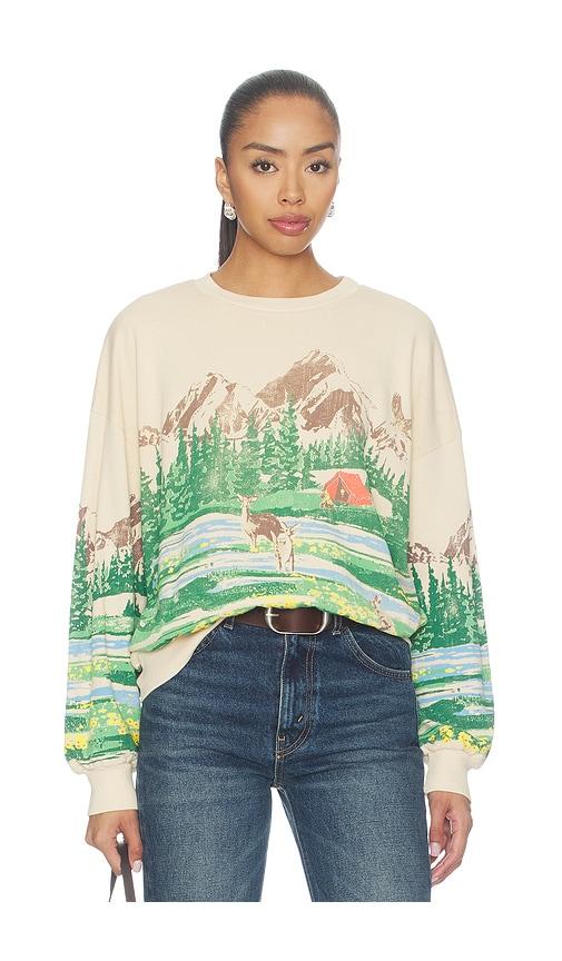 DAYDREAMER Campsite Scene Oversized Crew Sweatshirt in Beige by DAYDREAMER