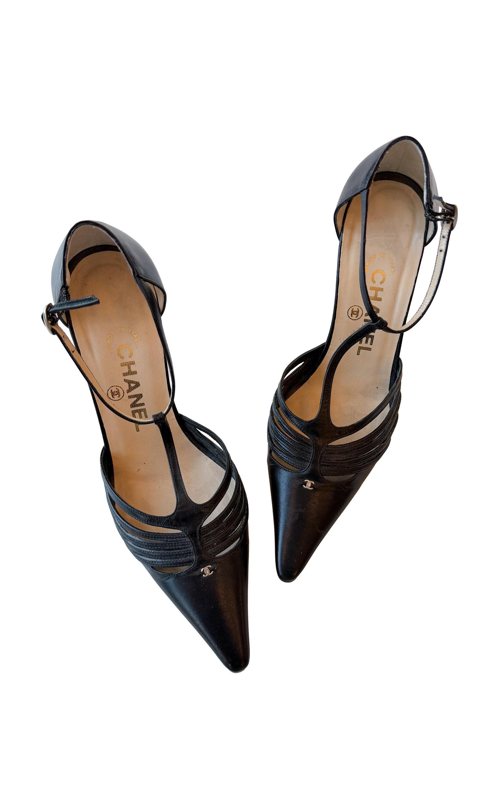 Dear Clementine Vintage Chanel Black Leather Strappy CC Pumps With Signature Metal Heel (IT 35.5) - Moda Operandi by DEAR CLEMENTINE VINTAGE