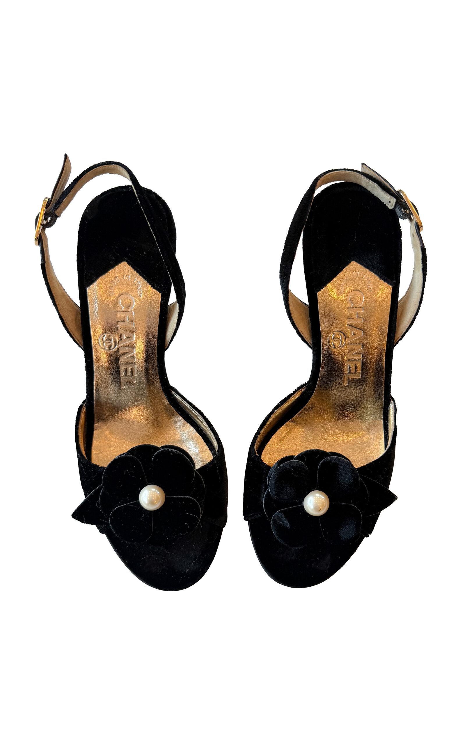 Dear Clementine Vintage Chanel Velvet Camellia Pearl Slingback Heels (IT 35.5) - Moda Operandi by DEAR CLEMENTINE VINTAGE