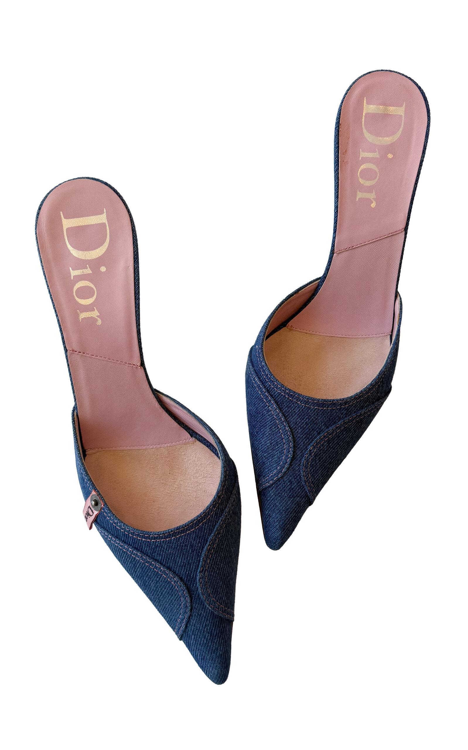 Dear Clementine Vintage Dior By John Galliano Denim Mules With Pink Detail (IT 39) - Moda Operandi by DEAR CLEMENTINE VINTAGE