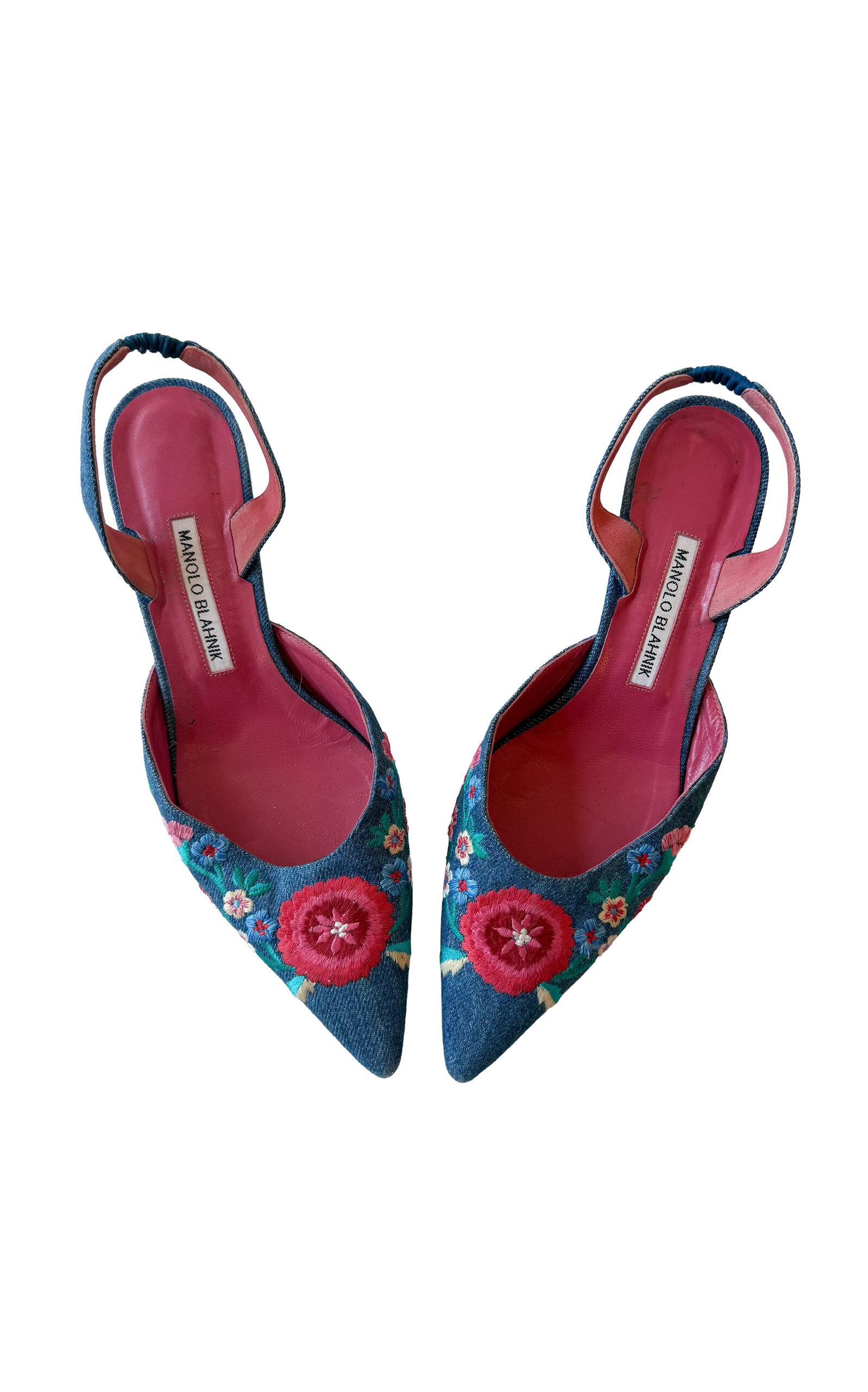 Dear Clementine Vintage Manolo Blahnik Denim Floral Embroidered Pumps (IT 39.5) - Moda Operandi by DEAR CLEMENTINE VINTAGE