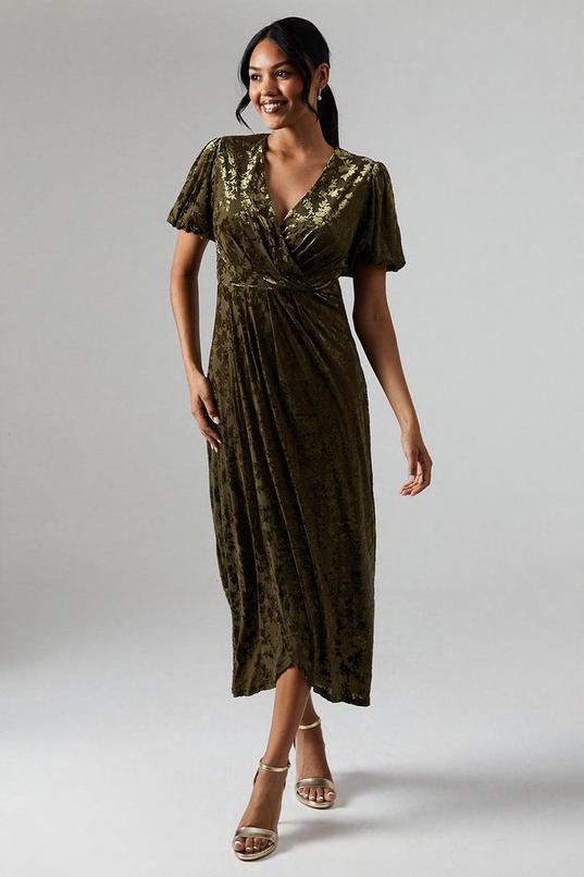 Debut London By Coast  Puff Sleeve Wrap Skirt Devore Midi Dress by DEBUT LONDON