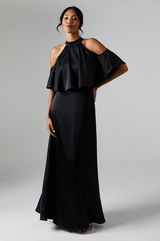Debut London by Coast Halterneck Cold Shoulder Satin Bridesmaid Maxi Dress by DEBUT LONDON