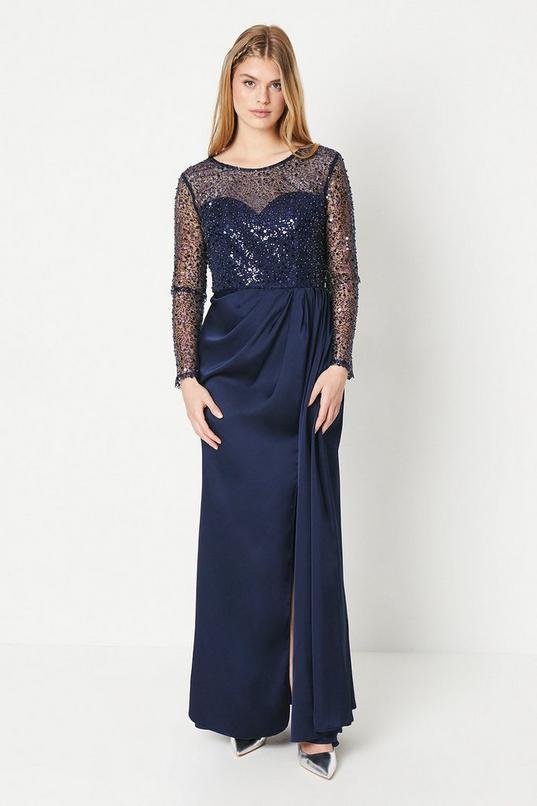 Debut London by Coast Long Sleeve Satin Skirt Prom Dress by DEBUT LONDON