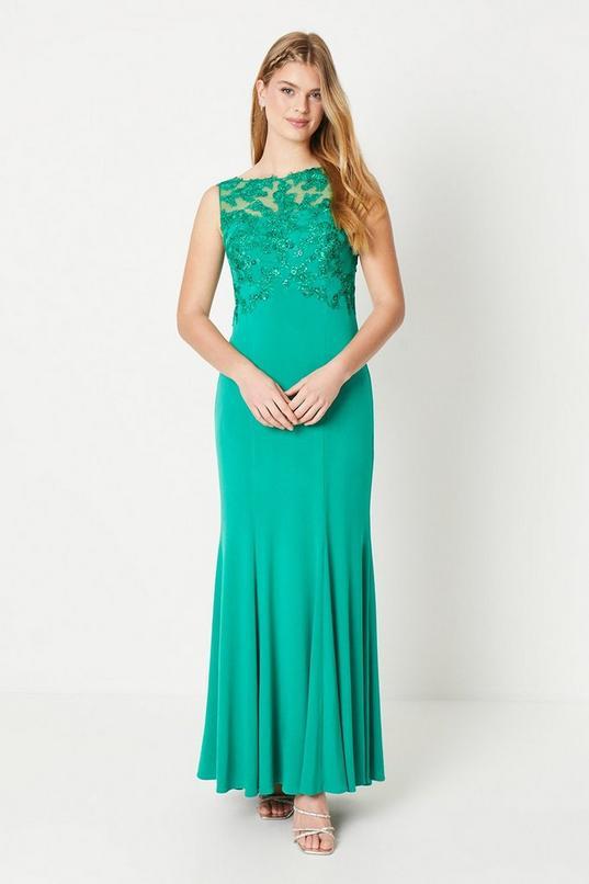 Debut London by Coast Slash Neck Open Back Applique Prom Dress by DEBUT LONDON