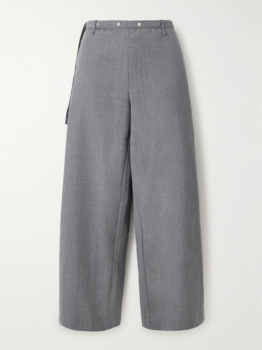Belted pinstriped wool pants by DEIJI STUDIOS