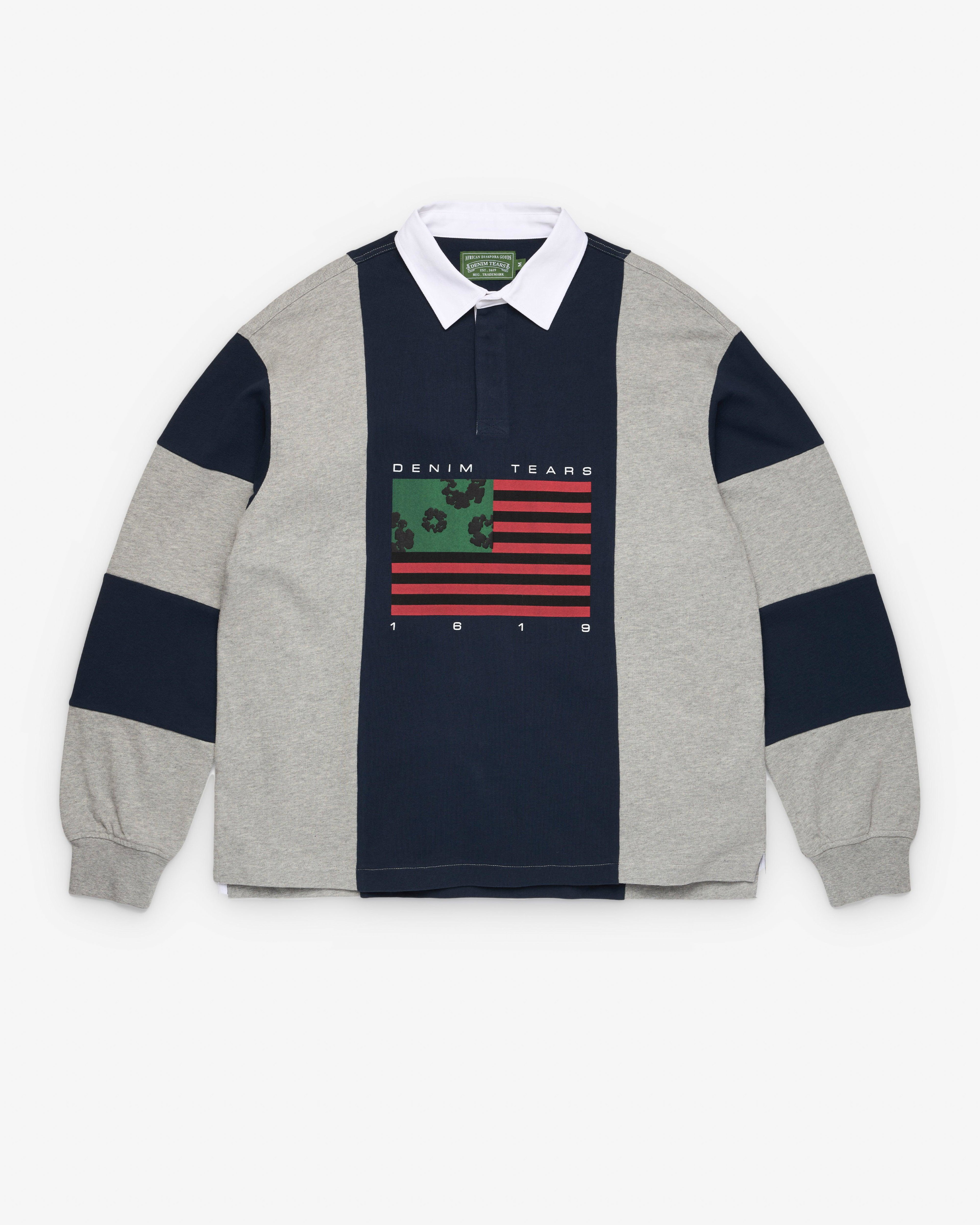 Denim Tears - Men's Flag Rugby Shirt - (Grey/Navy) by DENIM TEARS