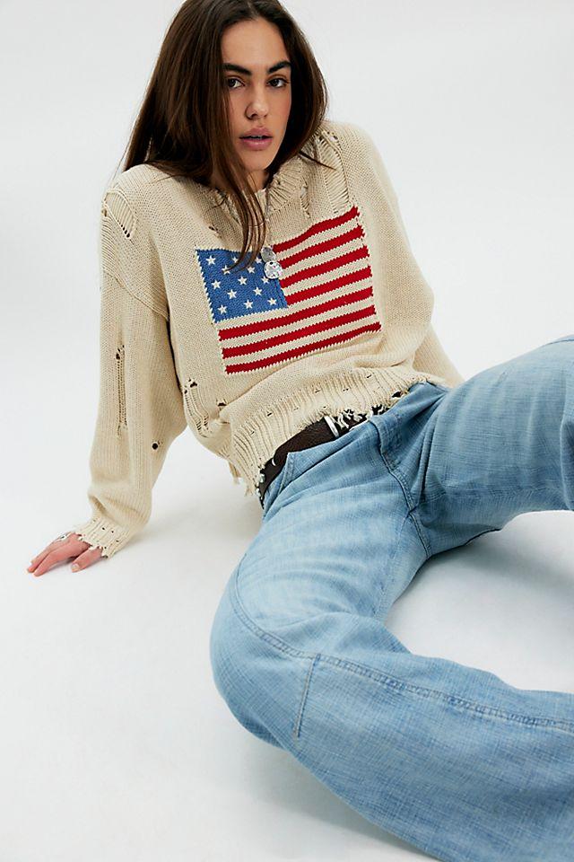 Denimist Oversized Cropped American Flag Sweater by DENIMIST | FREE PEOPLE