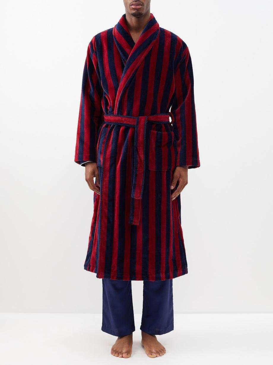 Triton belted striped cotton-blend velour robe by DEREK ROSE