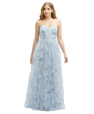 Floral Ruched Wrap Bodice Tulle Dress with Long Full Skirt by DESSY COLLECTION