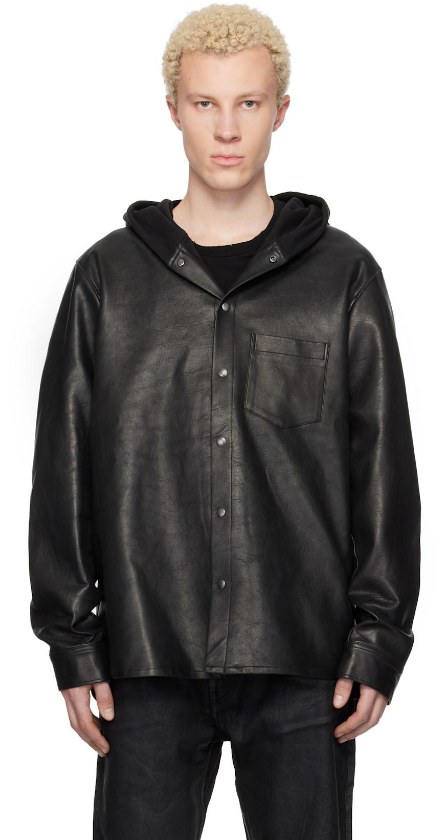 Black Hooded Leather Shirt by DET BLEV SENT