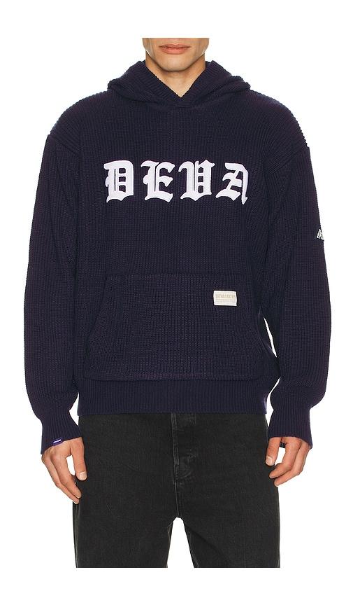 Deva States Blackletter Knitted Hoodie in Blue by DEVA STATES