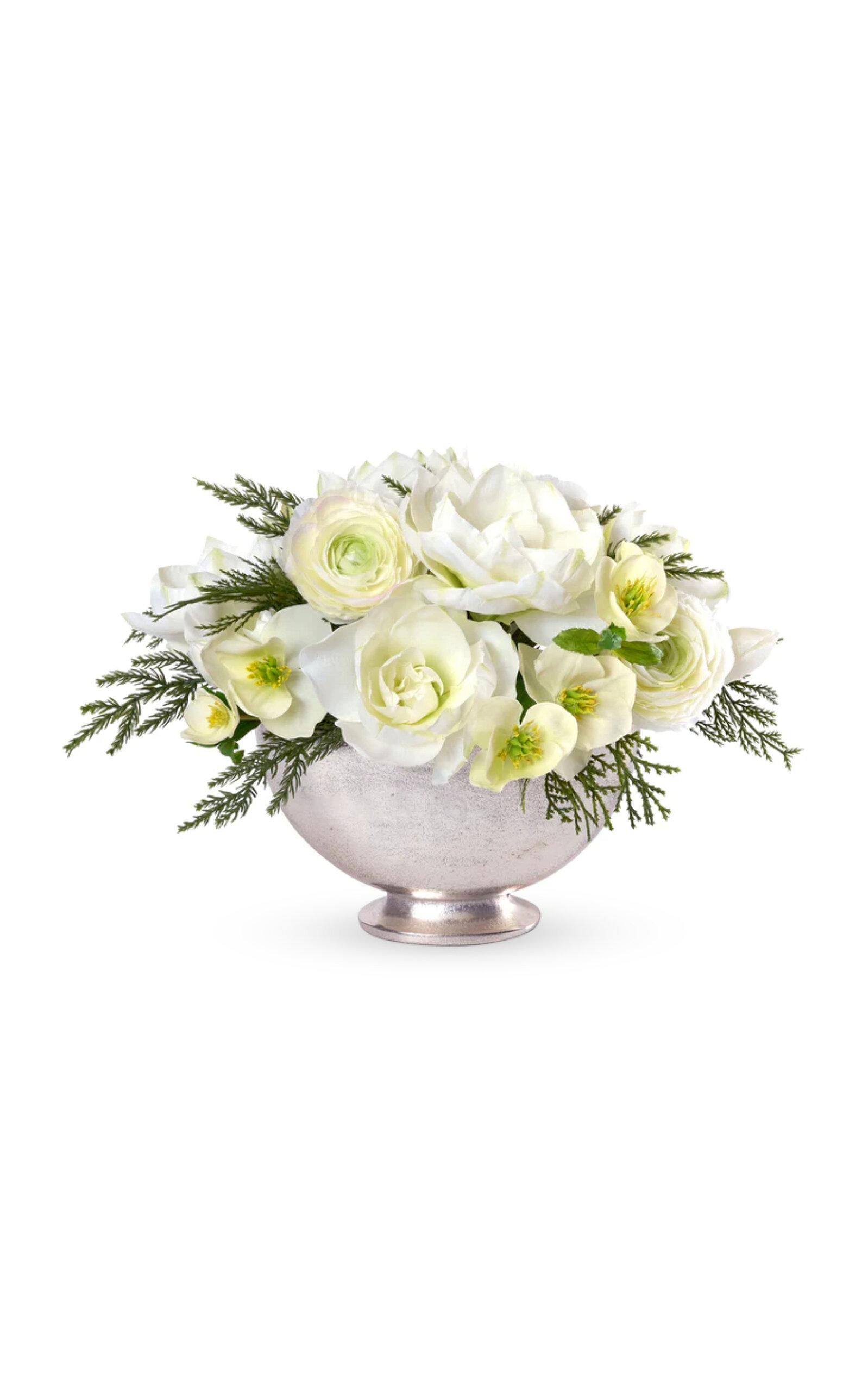 Diane James Designs - Amaryllis; Ranunculus and Hellebore in Silver Bowl - White - Moda Operandi by DIANE JAMES DESIGNS