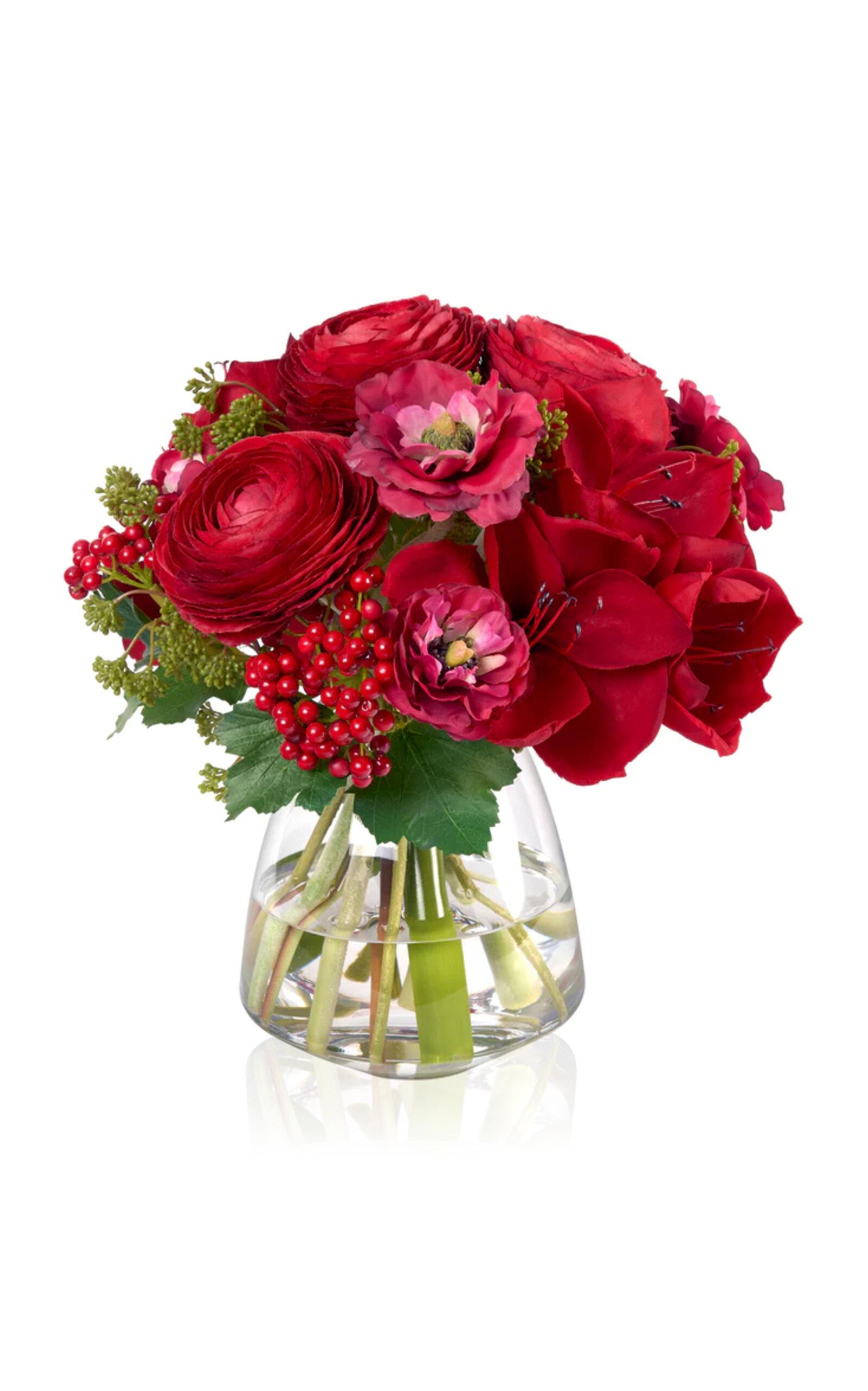 Diane James Designs - Ranunculus; Amaryllis and Berries in Glass Vase - Red - Moda Operandi by DIANE JAMES DESIGNS