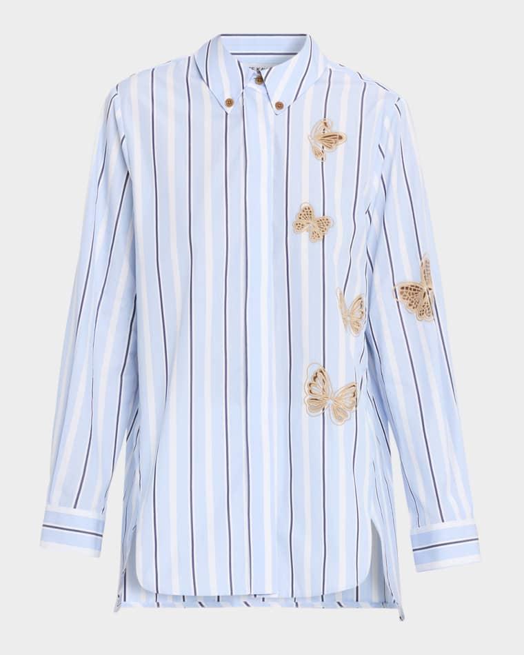 Butterfly Embroidered Striped Cotton Button-Down Shirt by DICE KAYEK