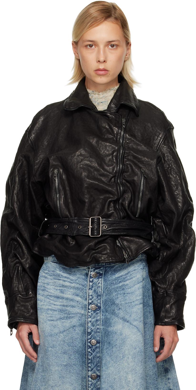 Black L-Oys Leather Bomber Jacket by DIESEL