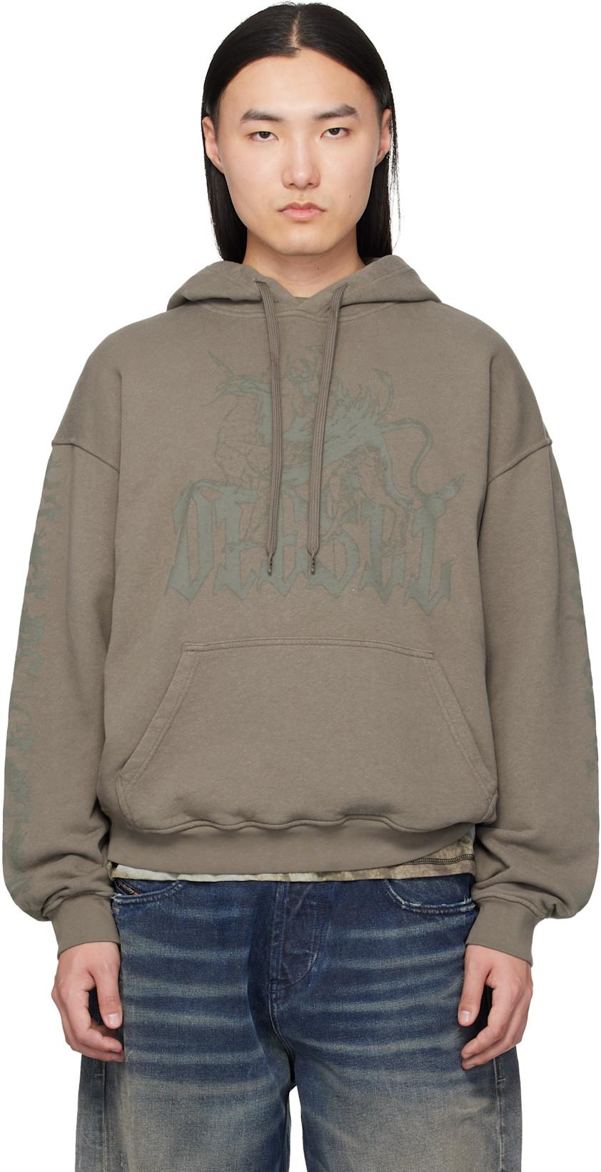 Brown Griffin Print Treated Hoodie by DIESEL
