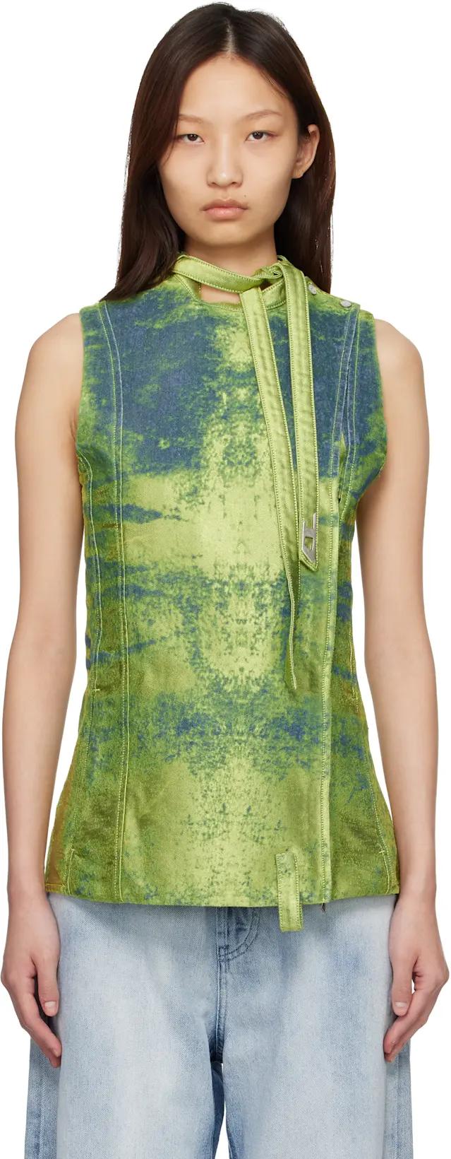 Green Belted Satin Denim Vest by DIESEL