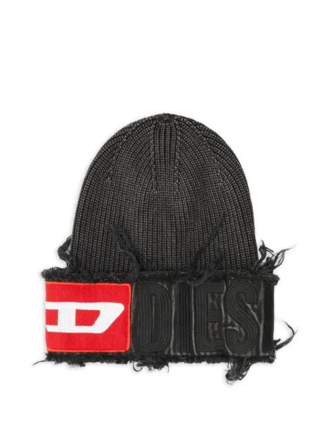 logo-patch frayed beanie hat by DIESEL
