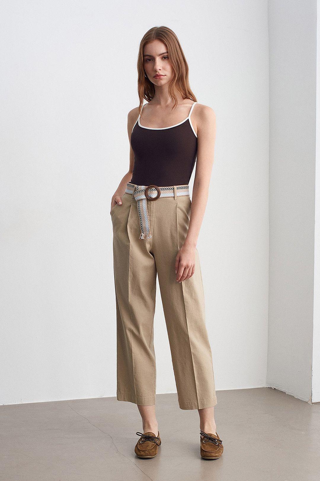 Belted Pleated Straight-Leg Trousers by DILVIN