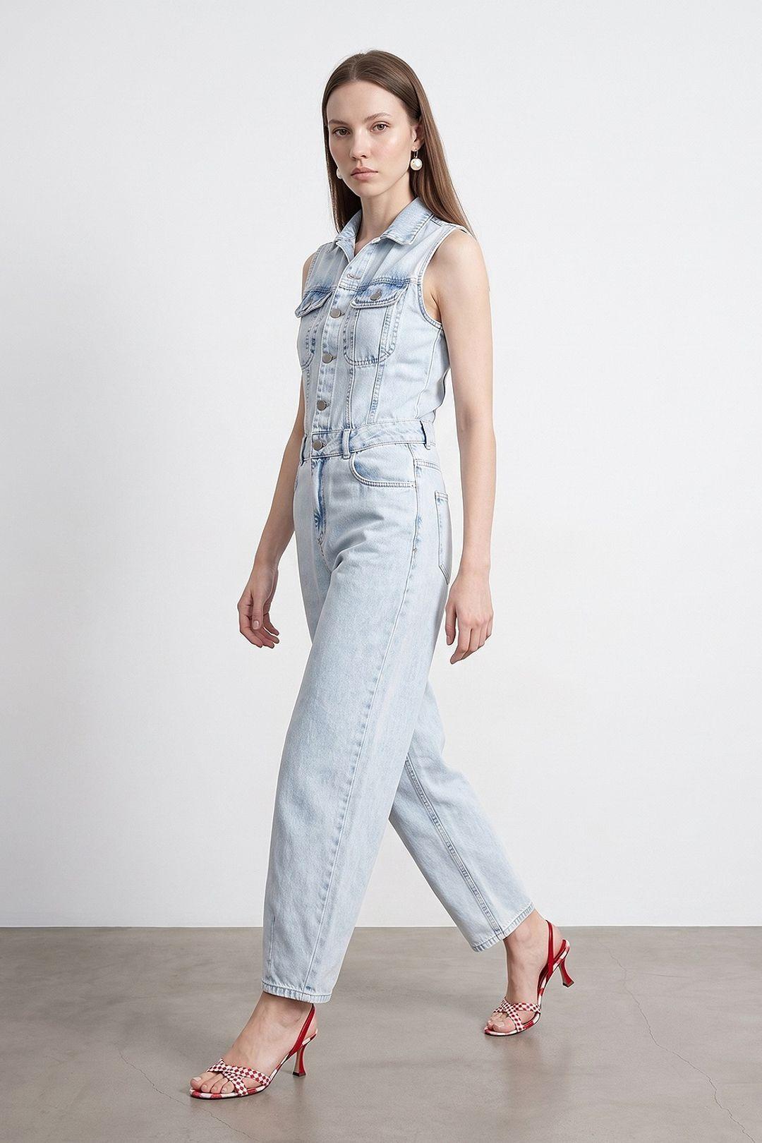 Cotton Denim Straight-Leg Overalls Jumpsuit by DILVIN