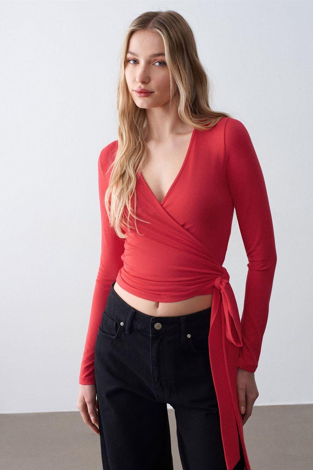 Women’s Crop Wrap Blouse With Tie Detail by DILVIN