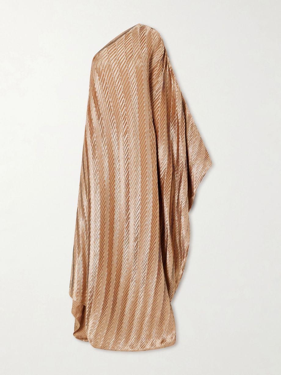 One-shoulder plissé-satin gown by DIMA AYAD