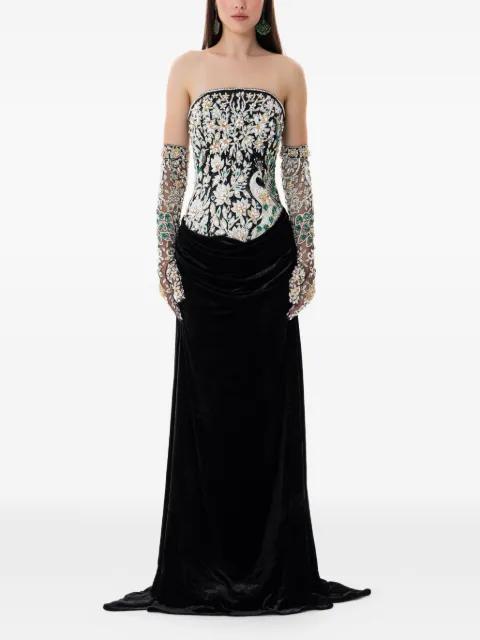 crystal embroidered velvet maxi gown by DINA MELWANI