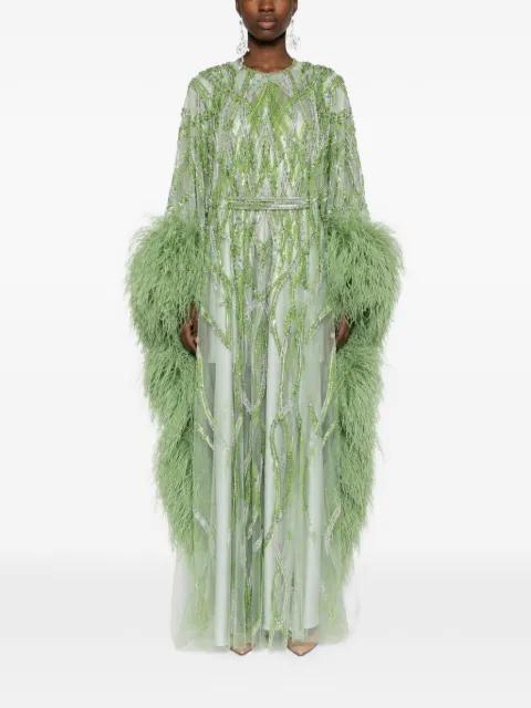feather-trim crystal-embellished maxi gown dress by DINA MELWANI