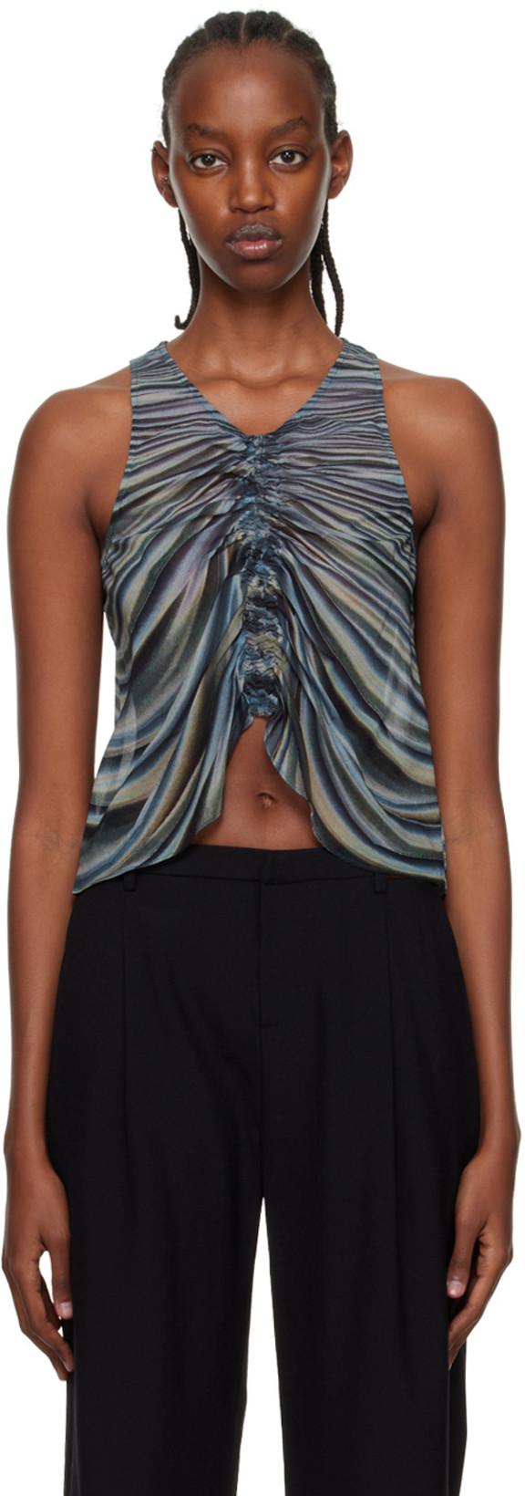 Blue Shirred Drape Tank Top by DION LEE