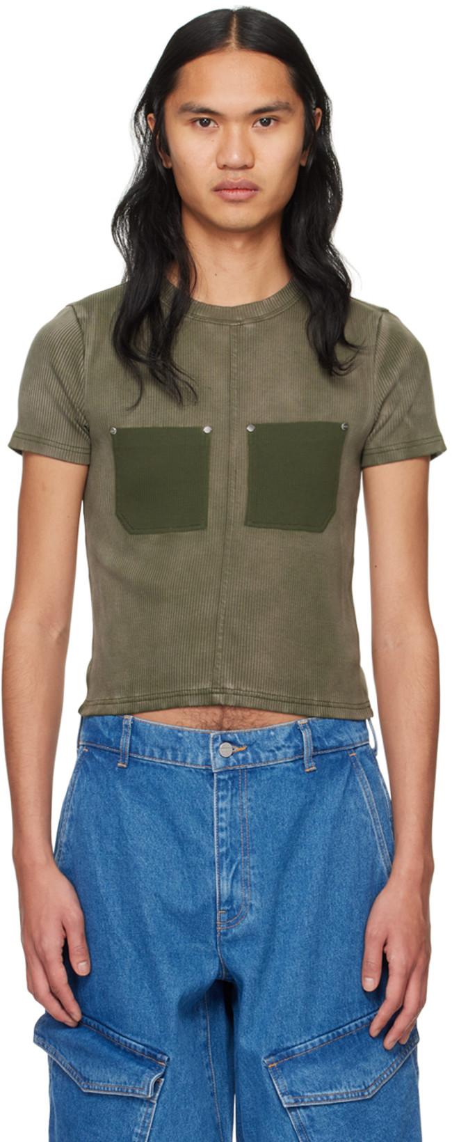 Khaki Sprayed Shrunken Rivet T-Shirt by DION LEE