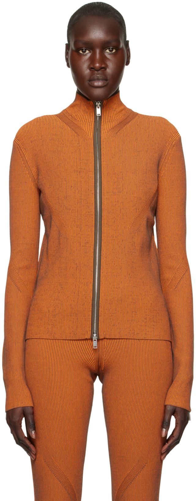 Orange Angled Rib Zip-Up Sweater by DION LEE