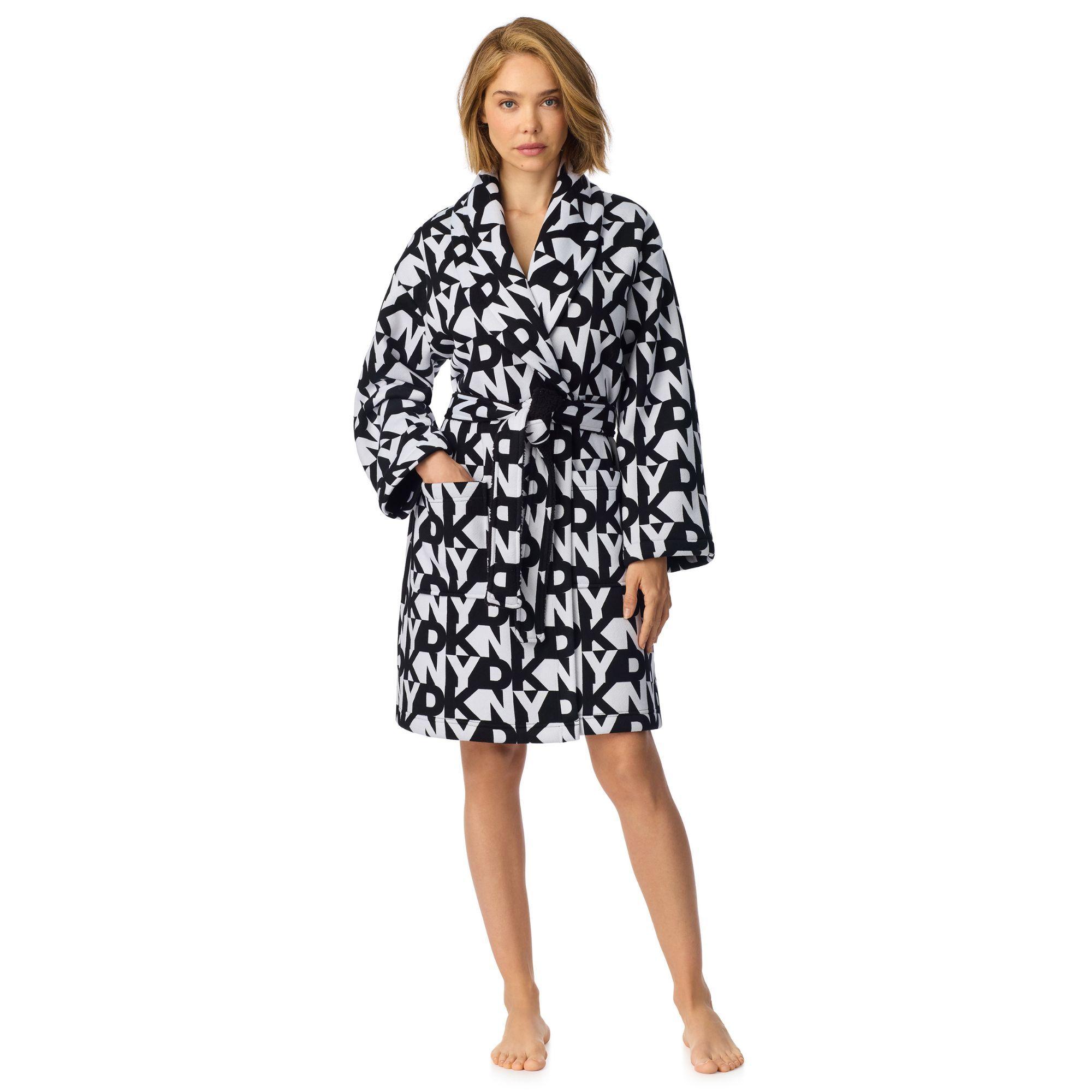 96.5cm Long Sleeve Shawl Collar Robe in Black Logo Bonded Sherpa by DKNY