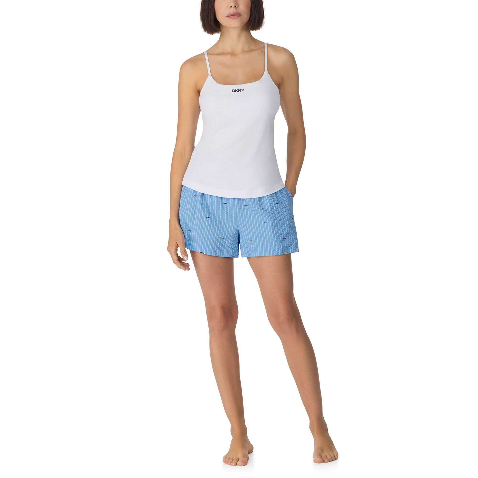 Cami with shelf bra and boxer sleep set in white and blue logo stripe by DKNY