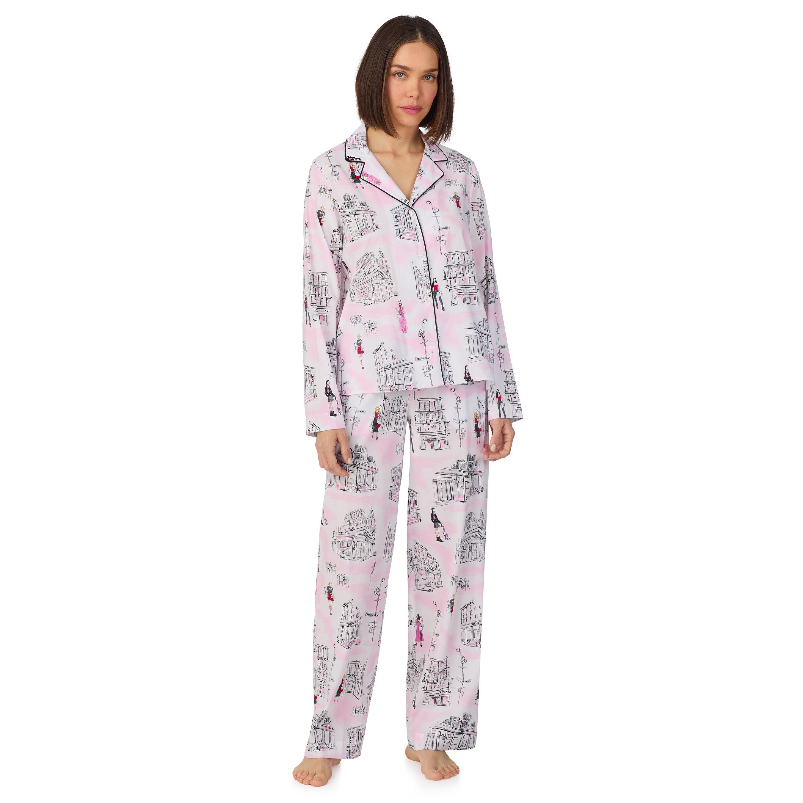 Long sleeve notch top and pant sleep set in white city print by DKNY