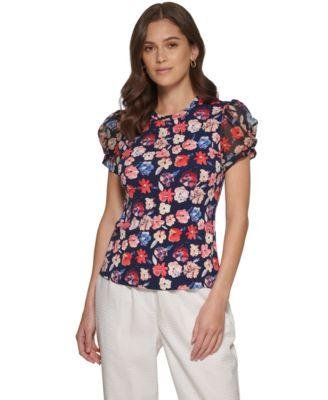 Petite Floral-Print Puff-Sleeve Blouse by DKNY