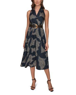 Printed Sleeveless Belted Midi Dress by DKNY