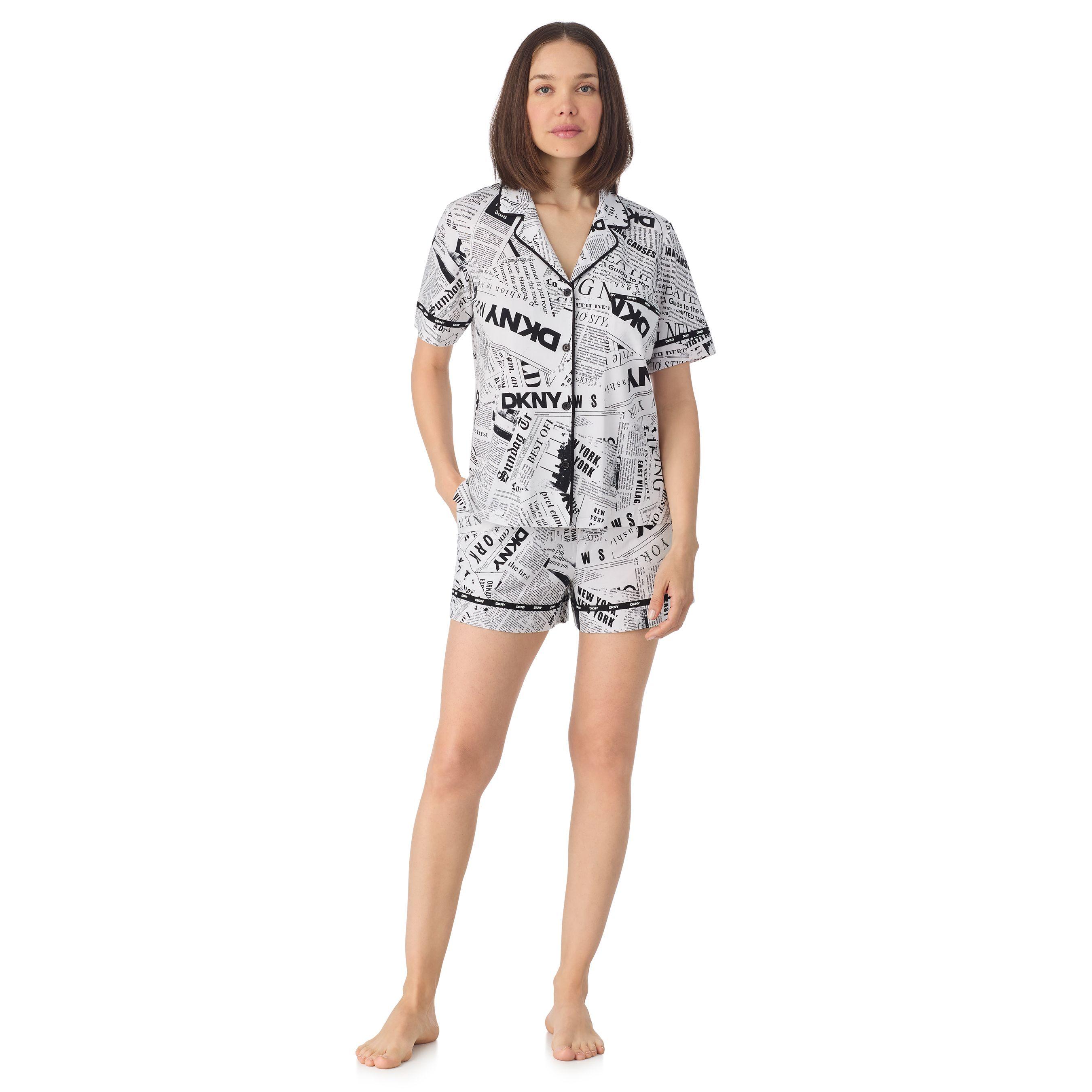 Short sleeve notch collar and boxer set in white newspaper by DKNY