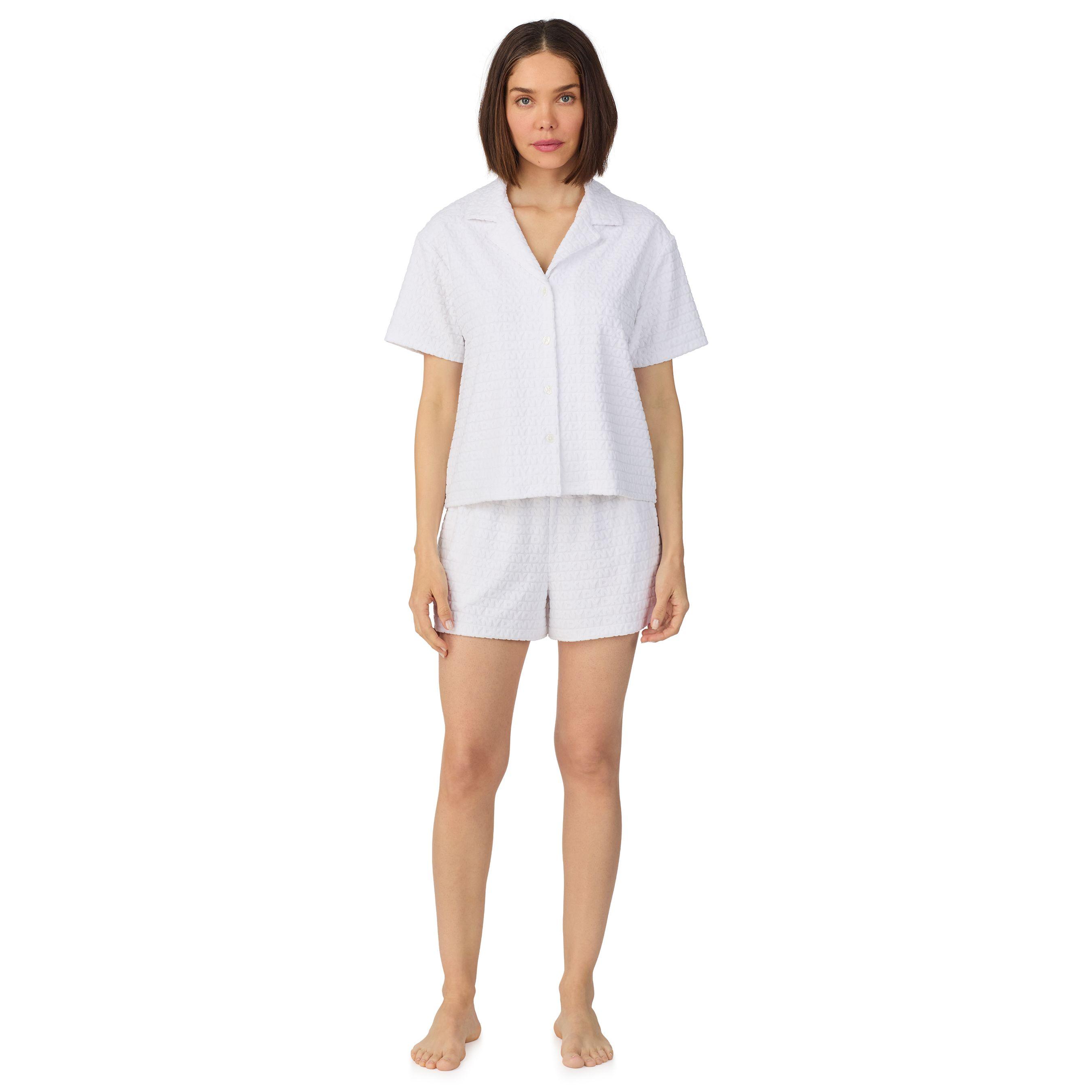 Short sleeve notch top and boxer sleep set in white logo by DKNY