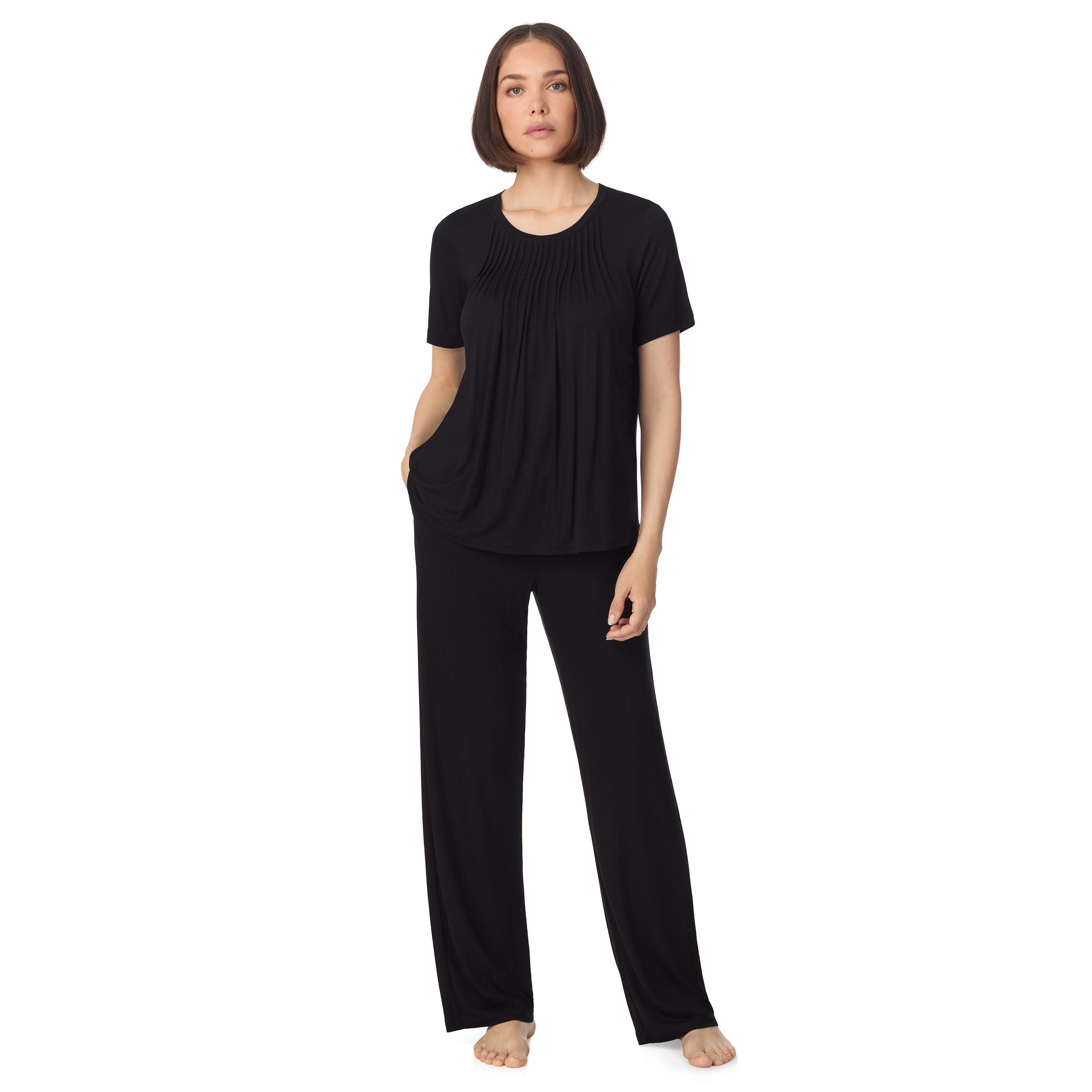 Short sleeve top and pant pyjama sleep set with pleats in black by DKNY