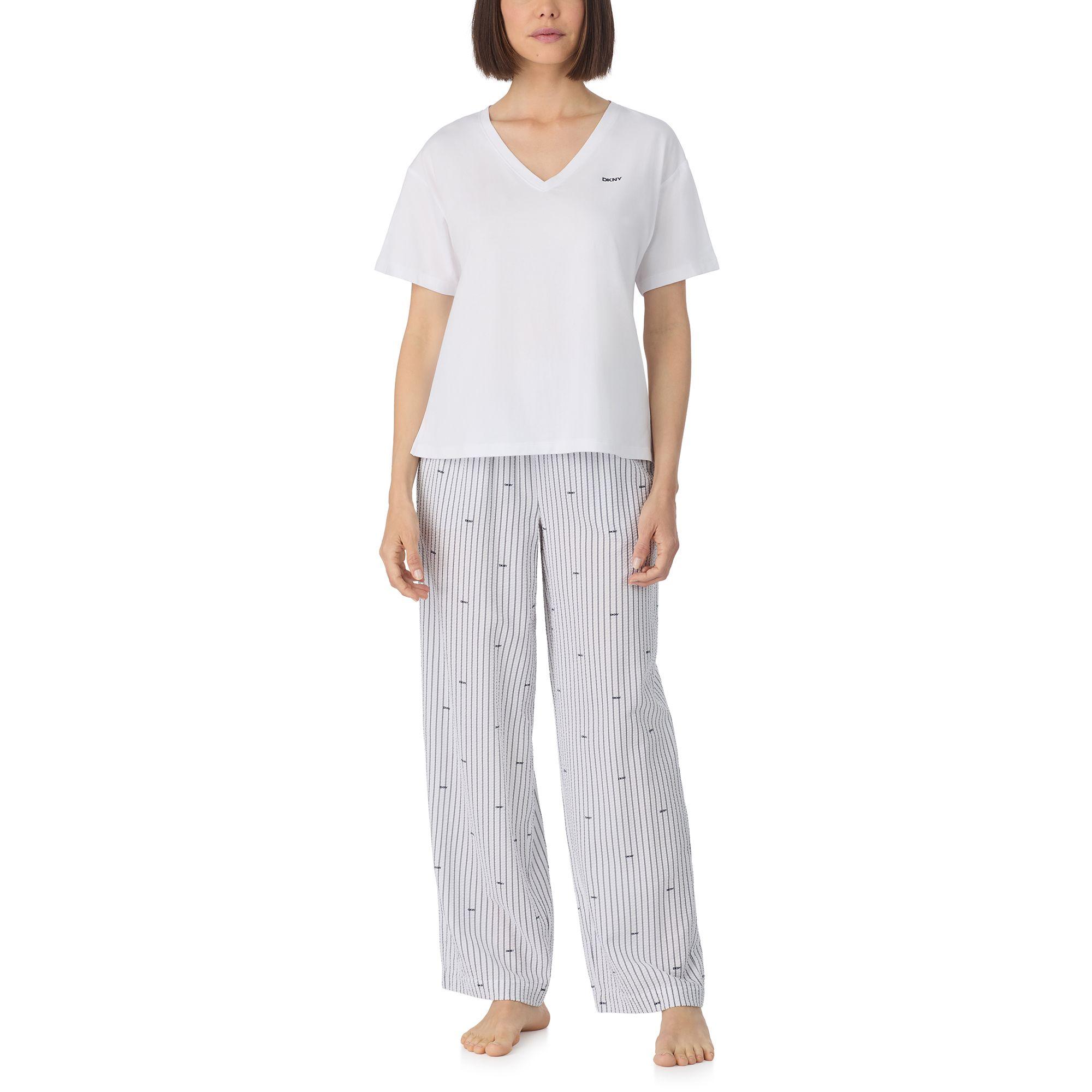 Short sleeve top and pant sleep set in white and white logo stripe by DKNY