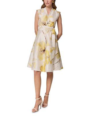 Sleeveless V Neck Jacquard Faux Wrap A Line Dress by DKNY