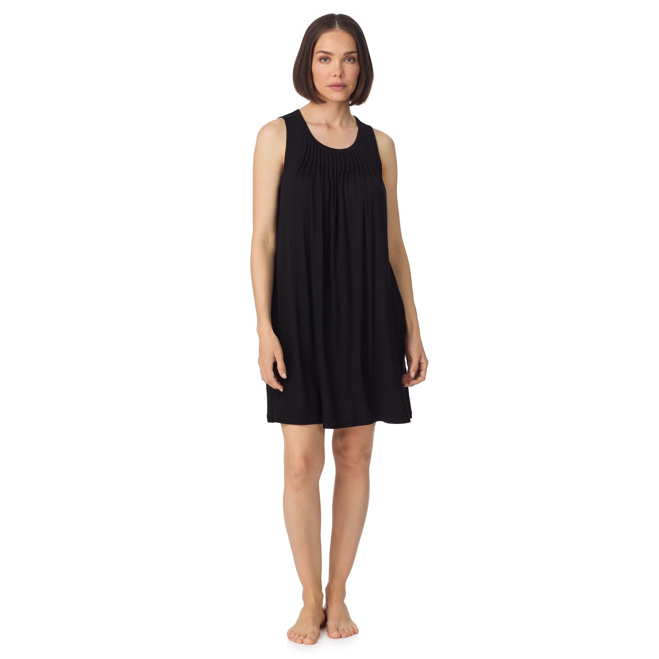 Sleeveless crew neck midi sleep tank chemise with pleats in black by DKNY