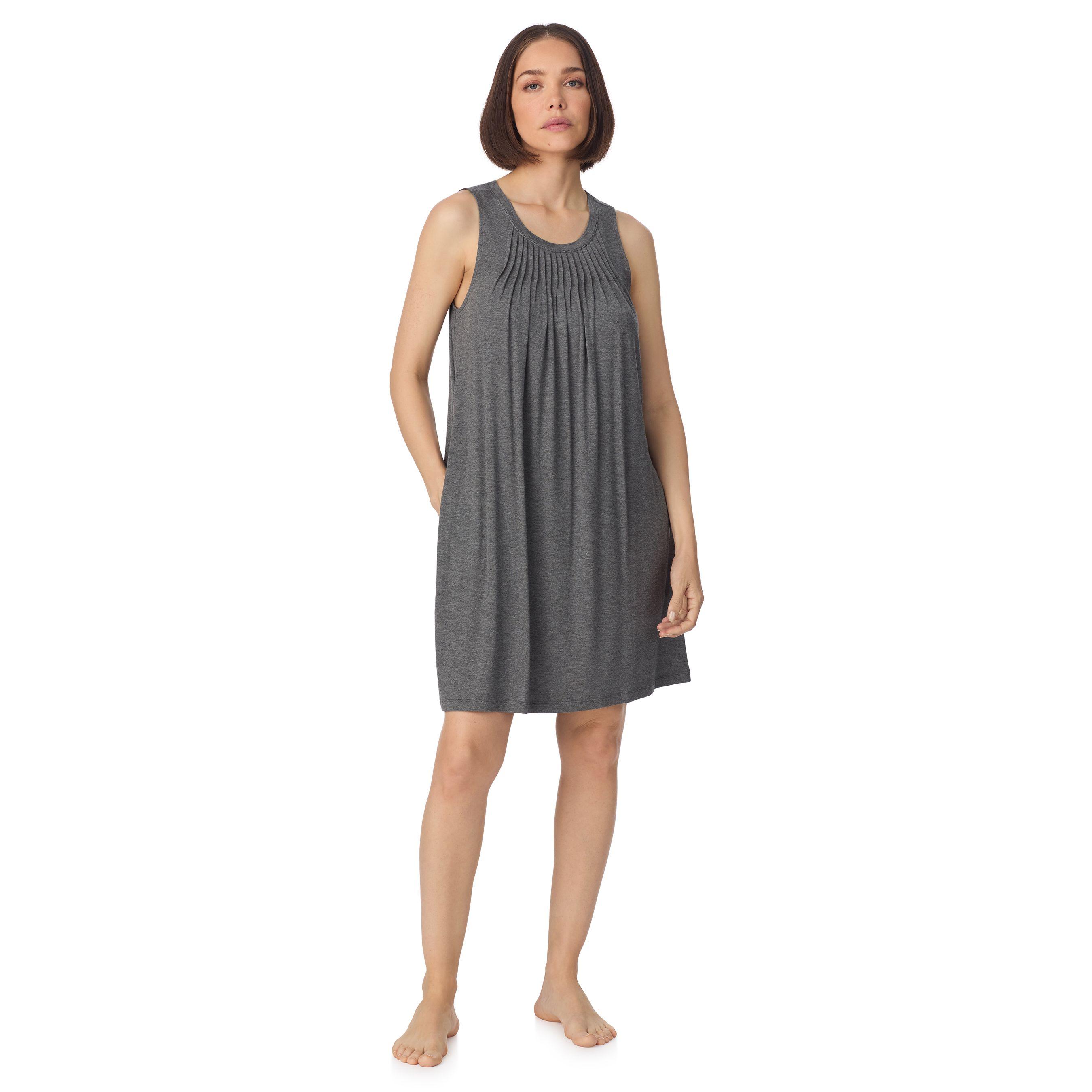Sleeveless crew neck midi sleep tank chemise with pleats in grey by DKNY