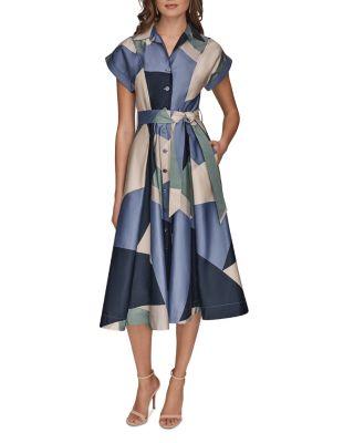 Spread Collar Printed Pleated Midi Shirt Dress by DKNY