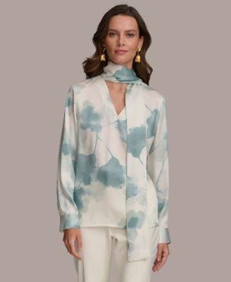 Women's Printed Tie-Neck Long-Sleeve Blouse by DKNY