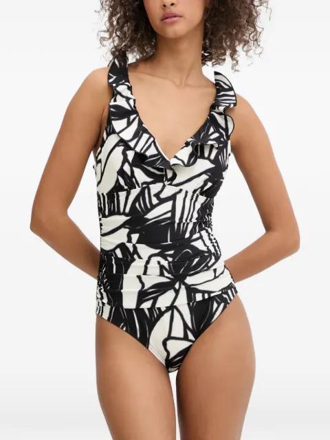 abstract-print ruffled swimsuit by DKNY