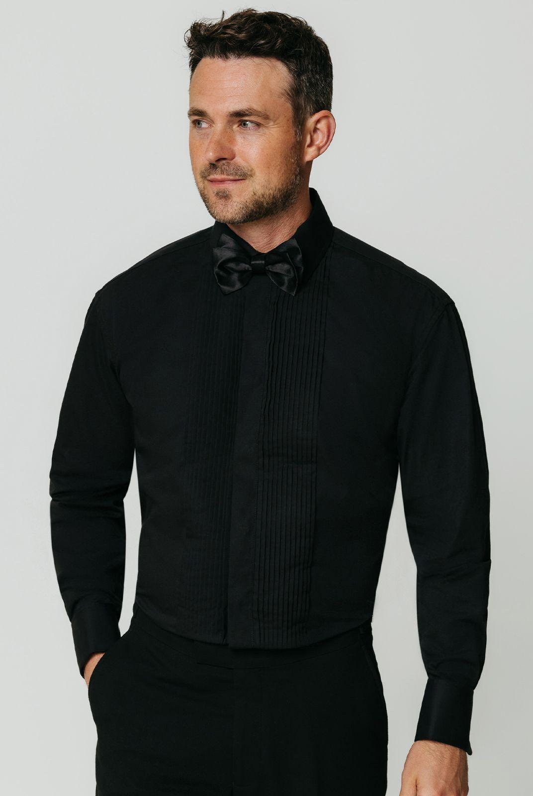 Black Pleated Front Standard Collar Dress Shirt by DOBELL